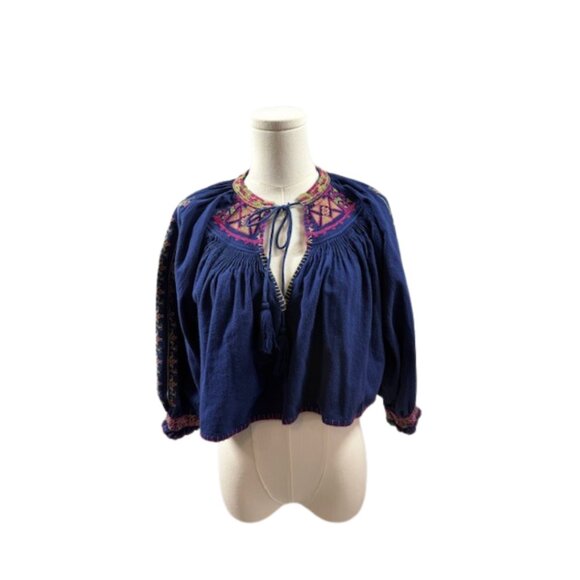 Free People Boho Embroidered Crop Top Navy Blue Peasant Blouse Medium - Picture 4 of 10